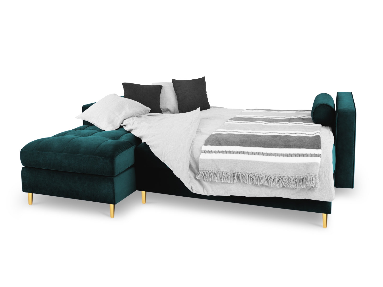 Elegantes 5-Sitzer Ecksofa links Aspen in Petrol-Salvador, ideal für Wohnräume, mit praktischer Schlaffunktion und Stauraum.