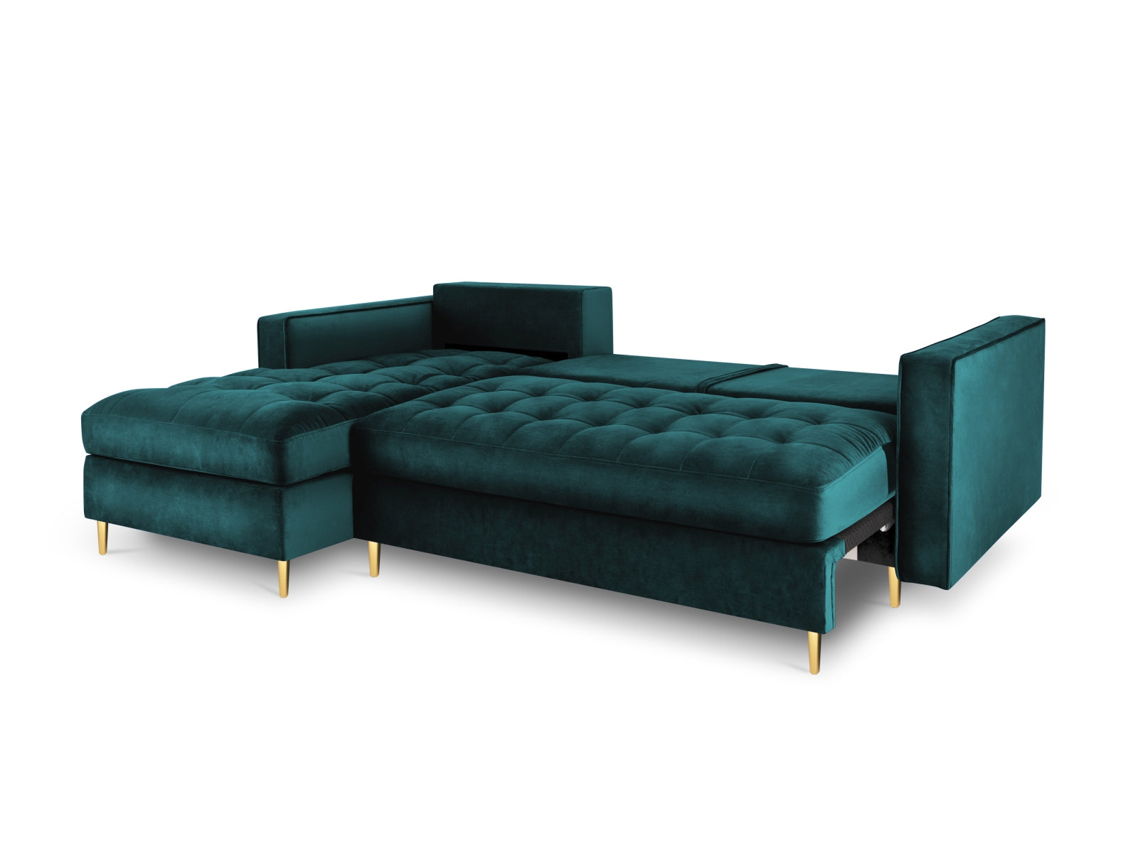 Modernes 5-Sitzer Ecksofa links Aspen in stilvollem Petrol, perfekt für Gästeübernachtungen und mit praktischem Stauraum für Kissen und Decken.