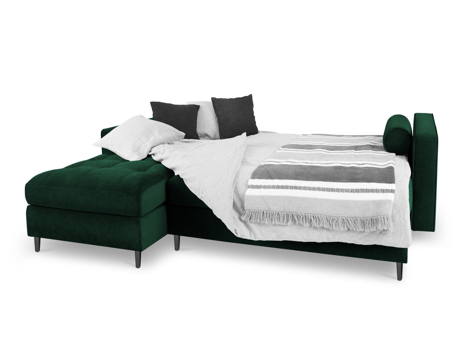 Elegantes 5-Sitzer Ecksofa links Aspen in stilvollem Flaschengrün, ideal für Wohnräume, bietet Schlaffunktion und praktischen Stauraum.
