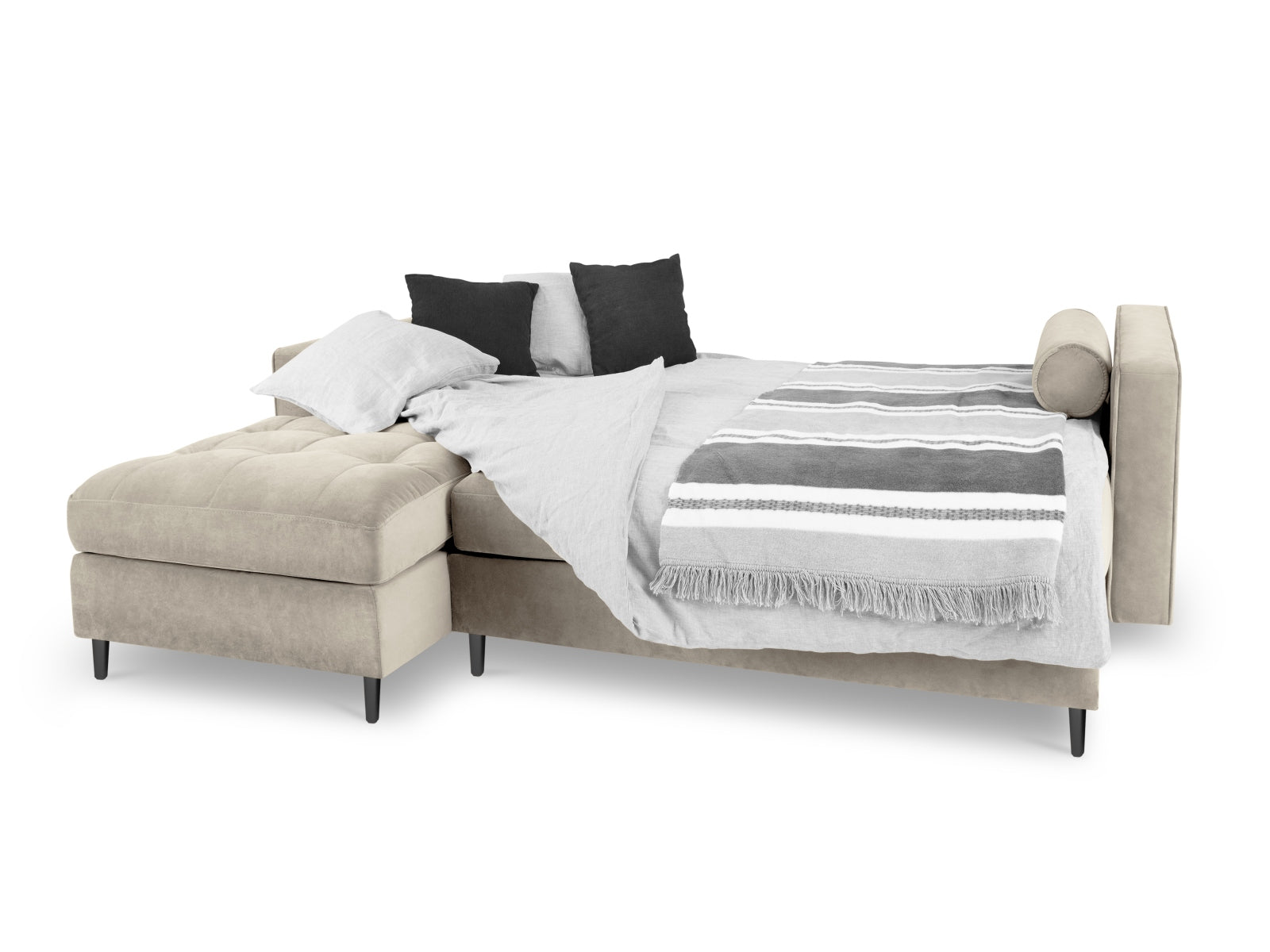 Elegantes 5-Sitzer Ecksofa links Aspen in Dunkelbeige mit praktischer Schlaffunktion und Stauraum, ideal für jedes Wohnzimmer.