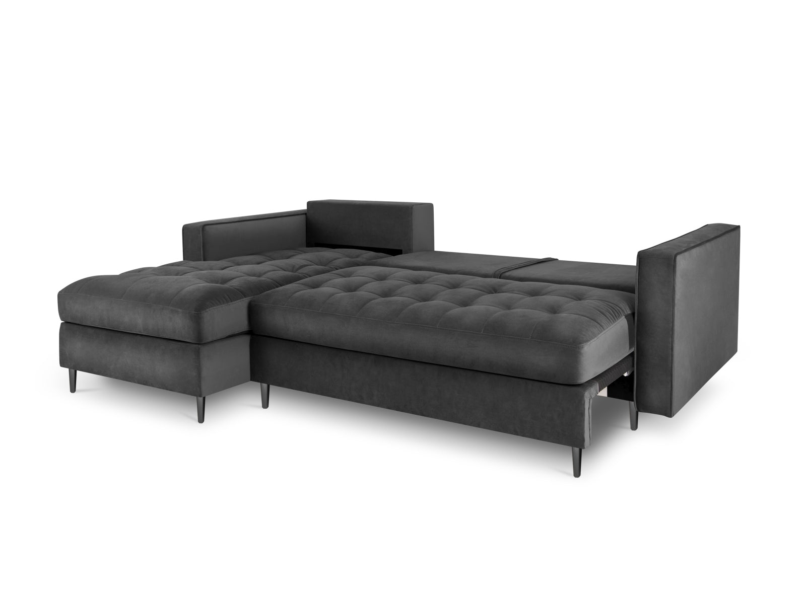Elegantes 5-Sitzer Ecksofa links Aspen in edlem Dunkelgrau, perfekt für gemütliche Abende, bietet Schlaffunktion und cleveren Stauraum.