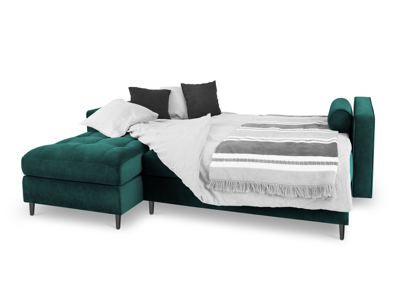 Elegantes 5-Sitzer Ecksofa links Aspen in trendigem Petrol, ausgestattet mit Schlaffunktion und cleverem Stauraum für vielseitige Nutzung.