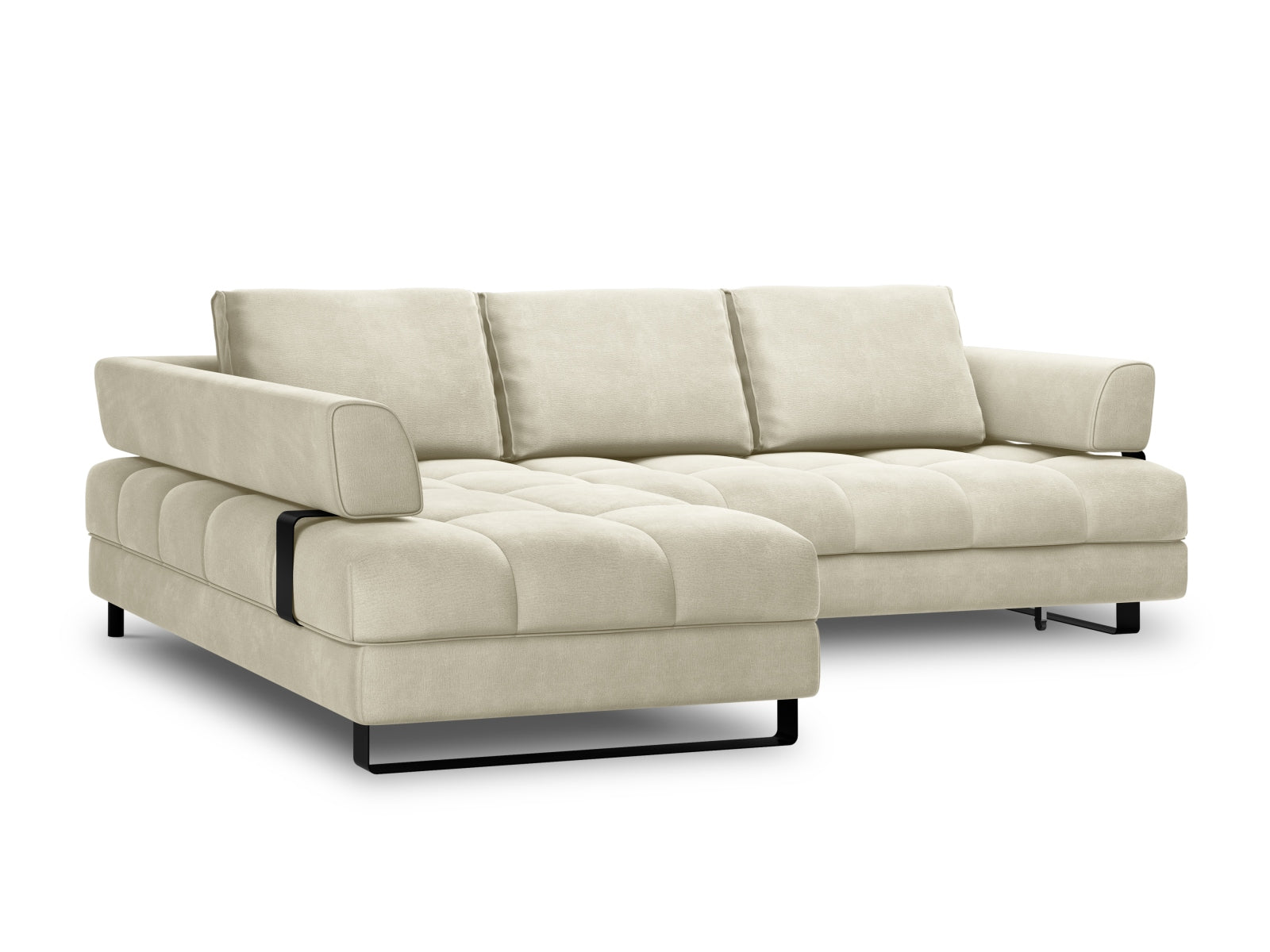 Erleben Sie das Clinton Velour Ecksofa von Cosmopolitan Design: stilvolles 5-Sitzer Sofa mit Schlaffunktion und cleverem Stauraum für Ihr Zuhause!