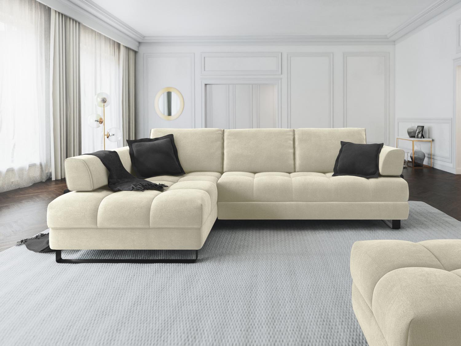 Entdecken Sie das Clinton Velour Ecksofa von Cosmopolitan Design: elegantes 5-Sitzer Sofa mit Schlaffunktion und praktischem Stauraum für Ihr Wohnzimmer!