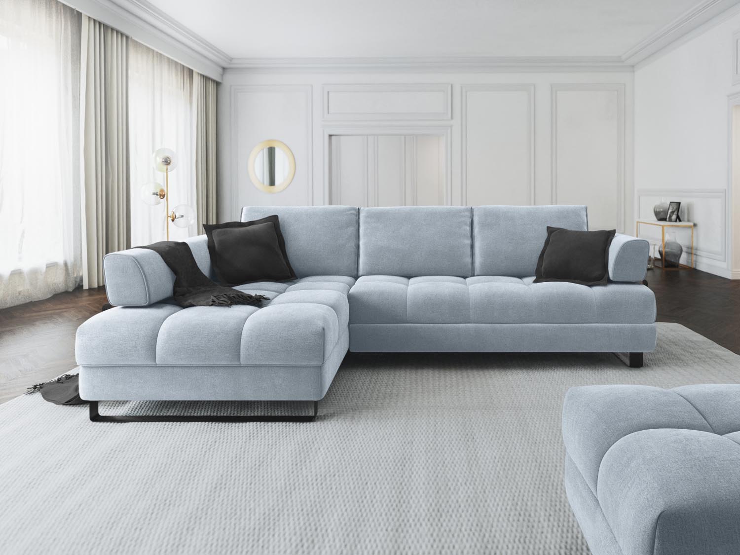 Erleben Sie das Clinton Velour Ecksofa von Cosmopolitan Design: stilvolles 5-Sitzer Sofa mit komfortabler Schlaffunktion und viel Stauraum!