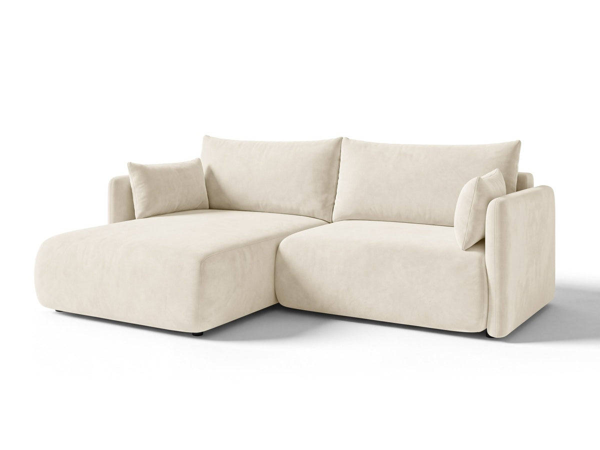 Monaco Ecksofa links mit Bettfunktion, Bluvel-Stoff, schwarze Beine, Récamière links