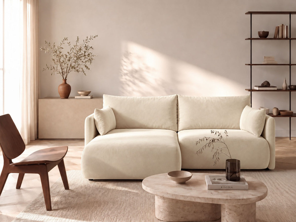 Monaco Ecksofa links mit Bettfunktion, Bluvel-Stoff, schwarze Beine, Récamière links
