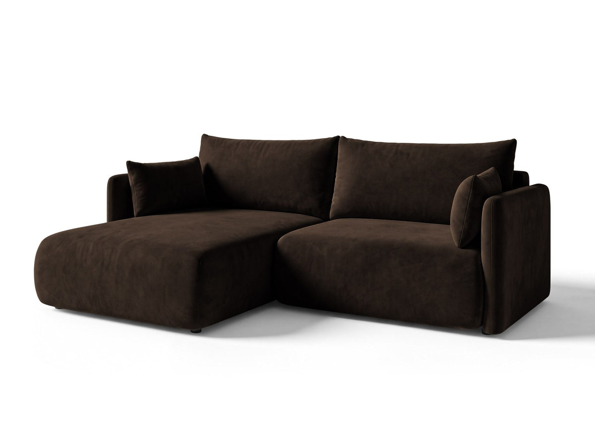 Monaco Ecksofa links mit Bettfunktion, Bluvel-Stoff, schwarze Beine, Récamière links