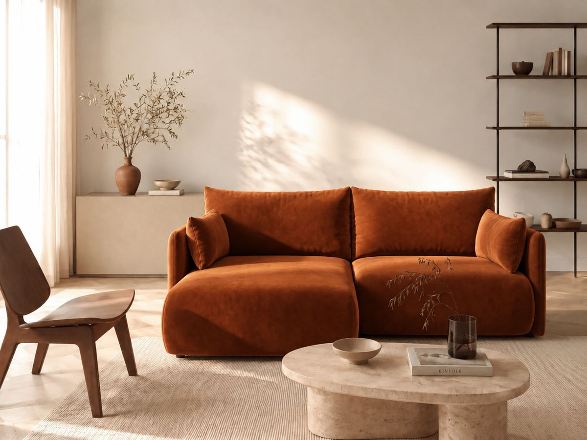 Monaco Ecksofa links mit Bettfunktion, Bluvel-Stoff, schwarze Beine, Récamière links