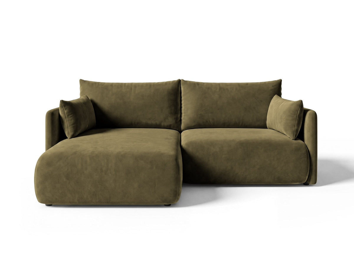 Monaco Ecksofa links mit Bettfunktion, Bluvel-Stoff, schwarze Beine, Récamière links