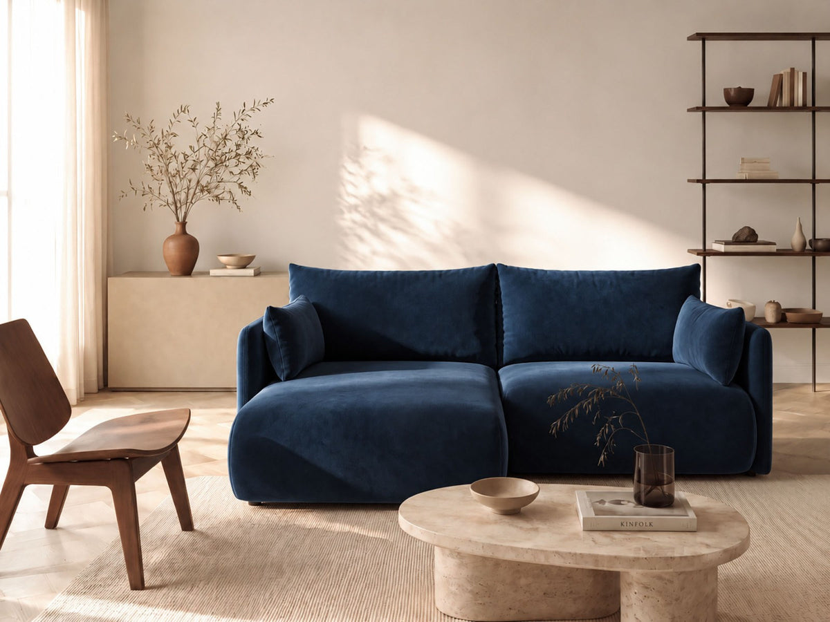 Monaco Ecksofa links mit Bettfunktion, Bluvel-Stoff, schwarze Beine, Récamière links