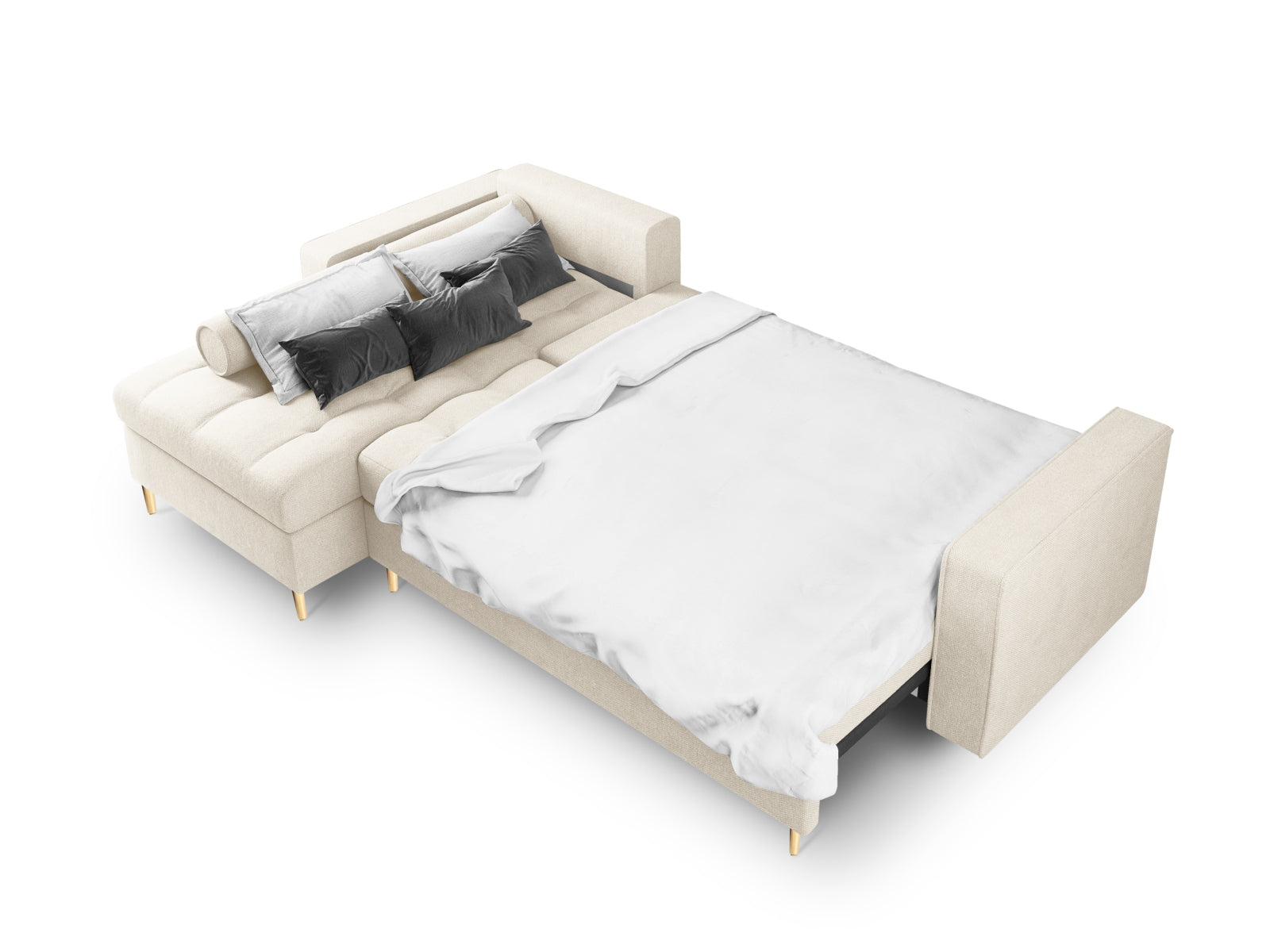 Elegantes 5-Sitzer Ecksofa links Aspen in neutralem Beige, ideal für gemütliche Abende, mit praktischer Schlaffunktion und integriertem Stauraum.
