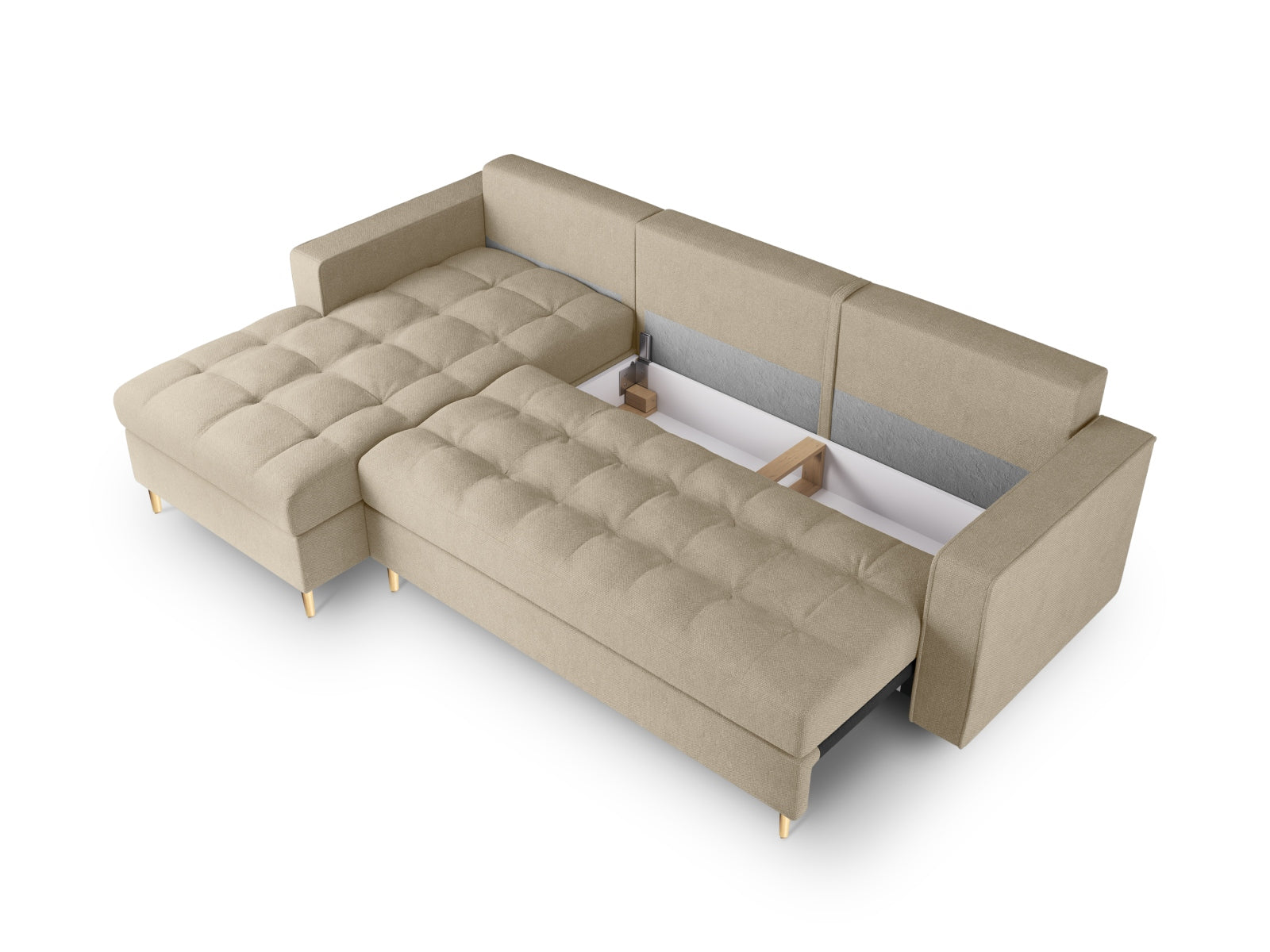 Beiges 5-Sitzer Ecksofa Aspen mit linksseitiger Schlaffunktion und praktischem Stauraum, perfekt für stilvolle und einladende Wohnräume.