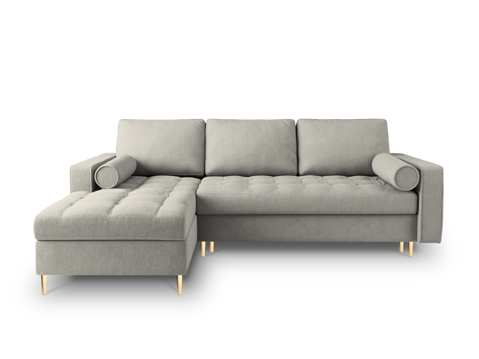 Stylisches 5-Sitzer Ecksofa links Aspen in hellem Grau mit praktischer Schlaffunktion und Stauraum, ideal für moderne Wohnräume.