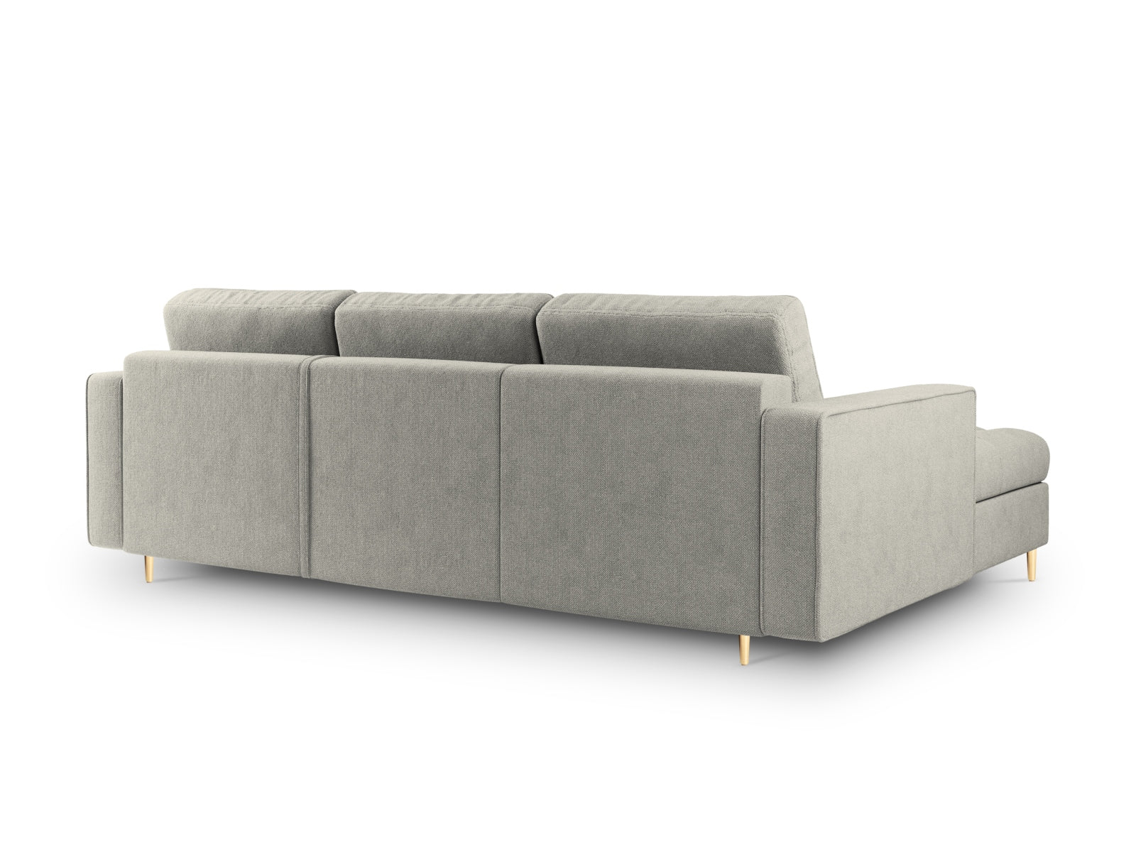 Elegantes 5-Sitzer Ecksofa links Aspen in sanftem Grau, ausgestattet mit Schlaffunktion und Stauraum, perfekt für stilvolle Wohnzimmer.