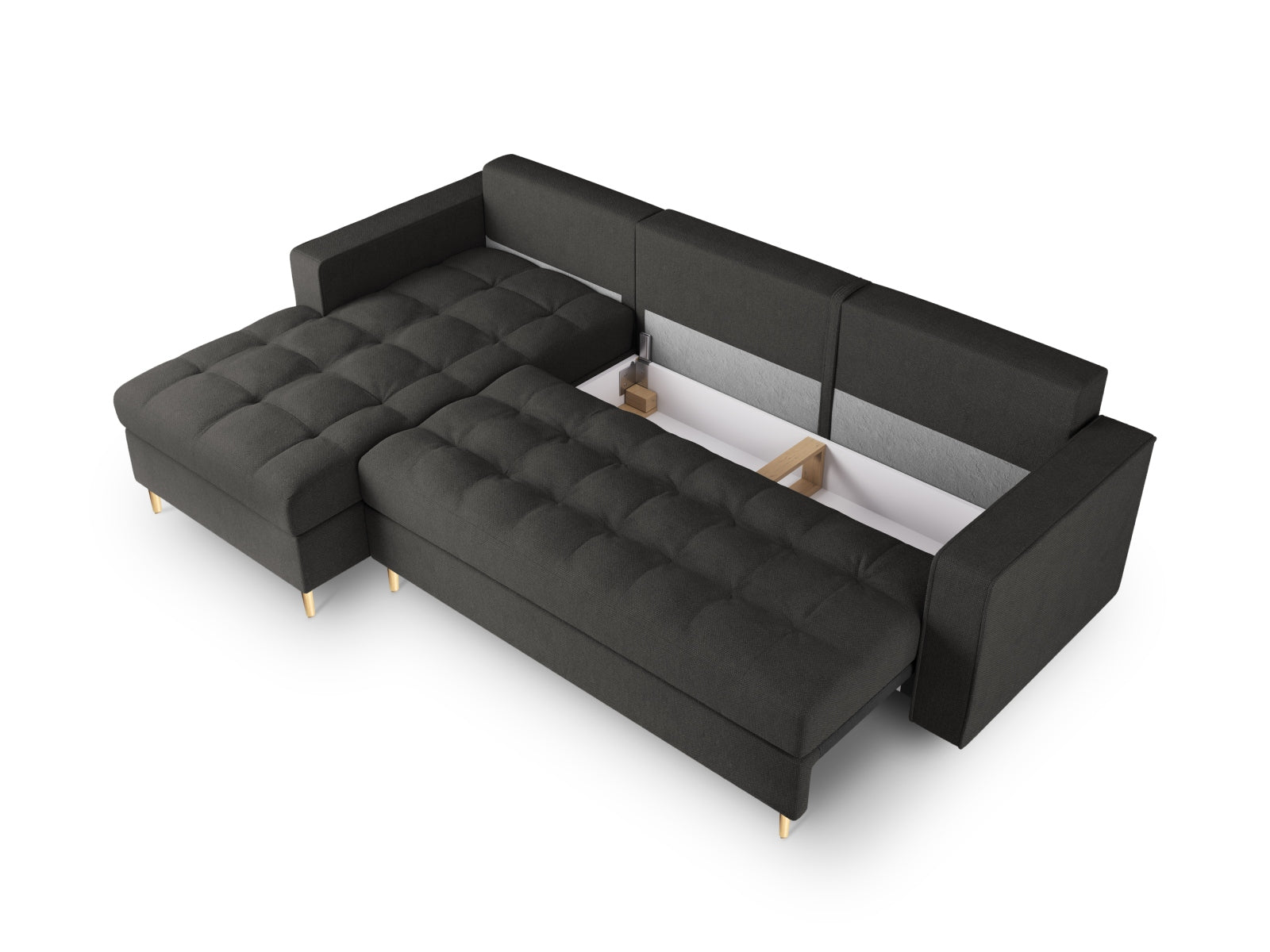 Elegantes 5-Sitzer Ecksofa links Aspen in Dunkelgrau, kombiniert Komfort mit Funktionalität durch Schlaffunktion und Stauraum.
