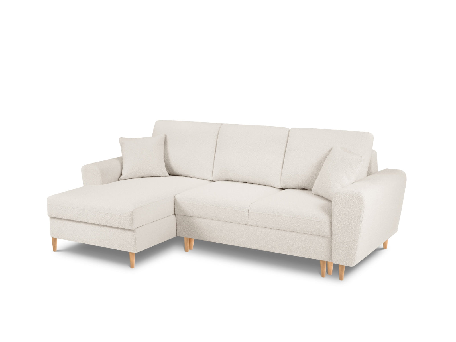 Elegantes Kyoto Boucle Ecksofa links mit Schlaffunktion und Stauraum, bietet komfortable Sitzgelegenheit für bis zu 4 Personen.