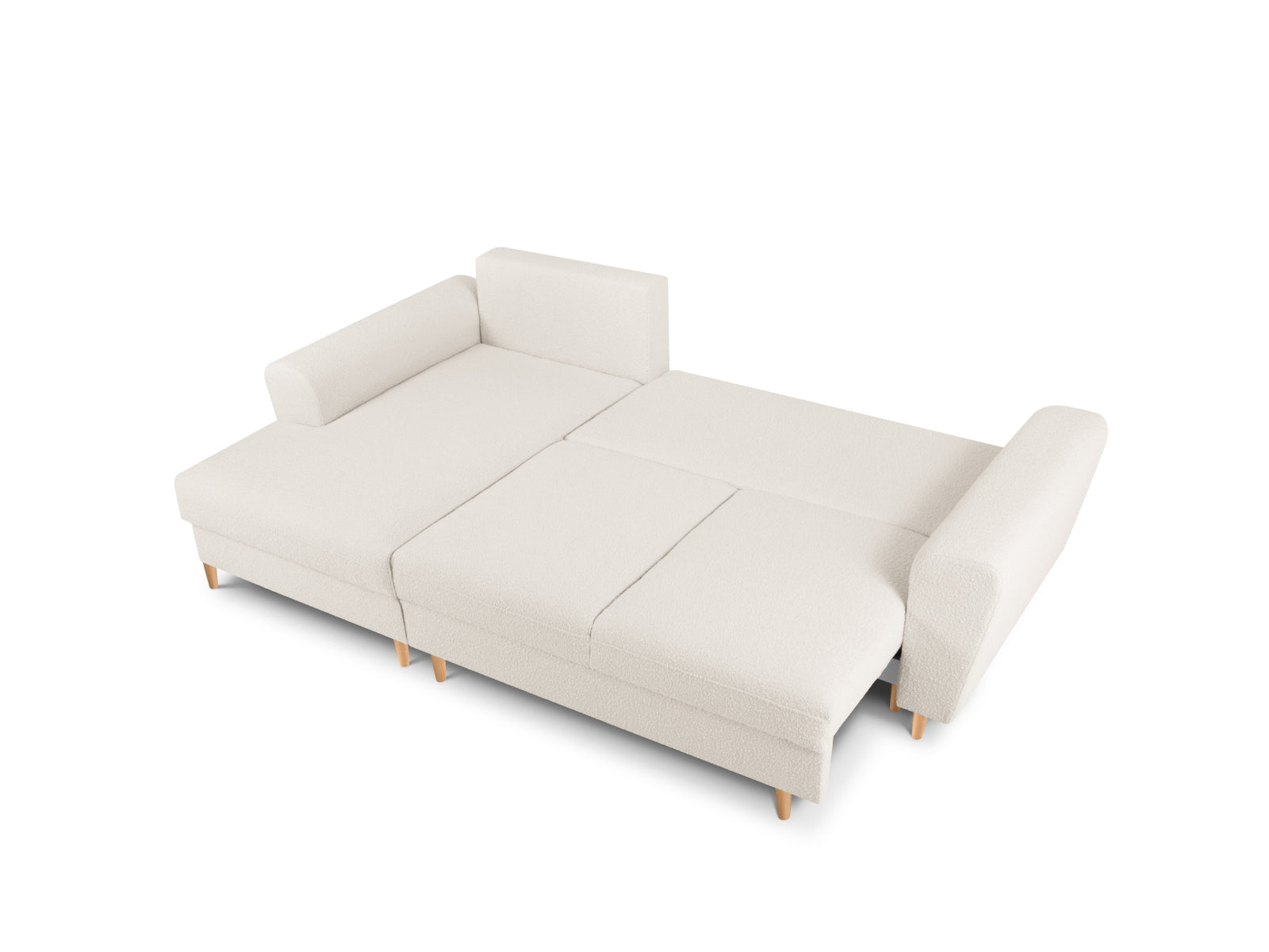 Elegantes Kyoto Boucle Ecksofa links, 4-Sitzer mit Schlaffunktion und Stauraum, perfekt für stilvolle Wohnräume und flexible Nutzung.