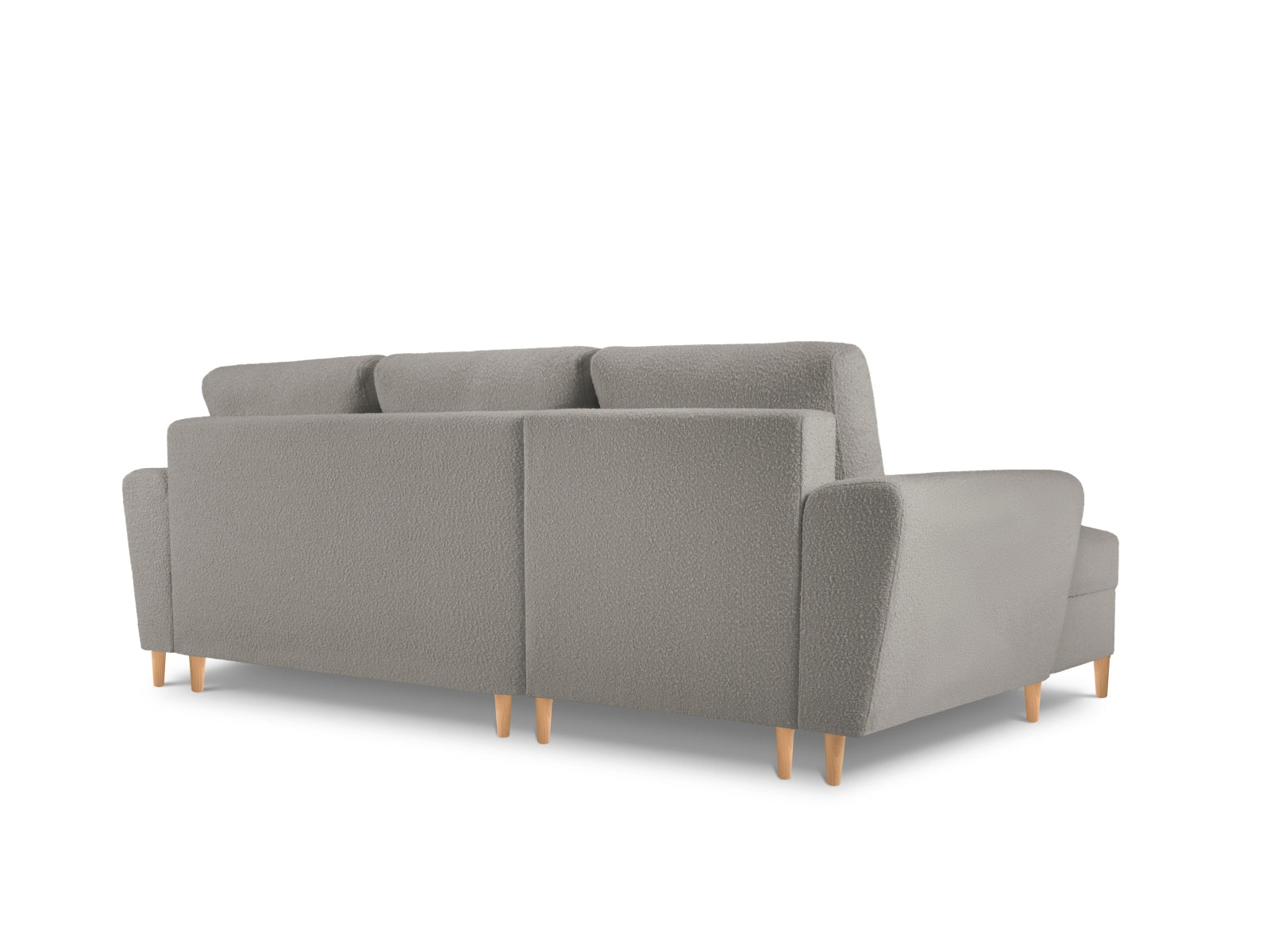 Stylisches Kyoto Boucle Ecksofa links in Grau, 4-Sitzer mit Schlaffunktion und Stauraum, ideal für moderne Wohnräume.