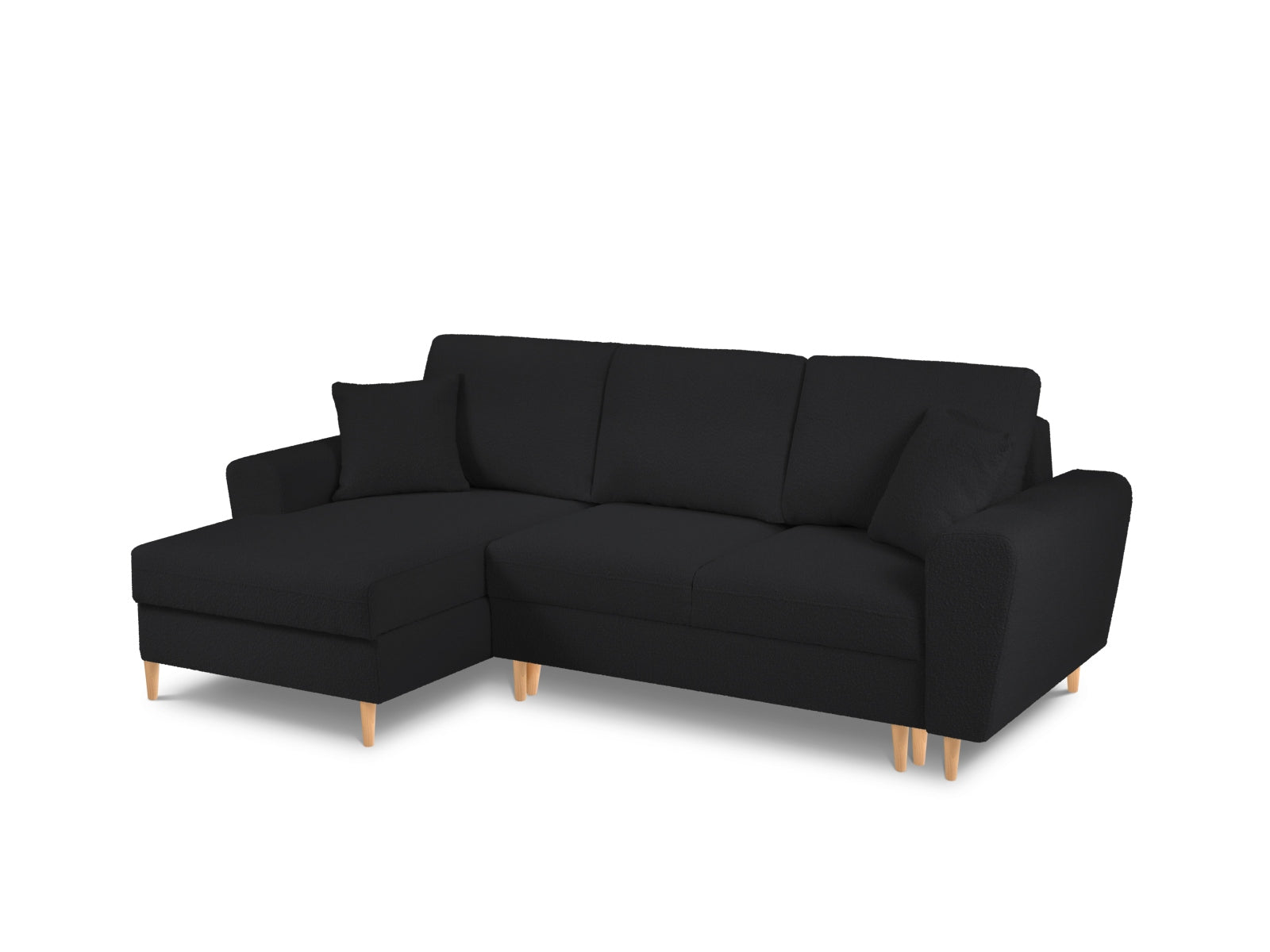 Elegantes Kyoto Boucle Ecksofa links, 4-Sitzer mit Schlaffunktion und Stauraum, perfekt für gemütliche Abende und stilvolle Einrichtung.