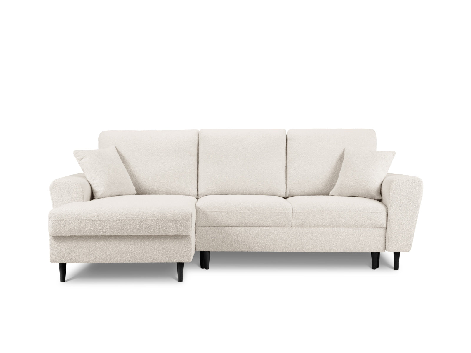 Stylisches Kyoto Boucle Ecksofa links, 4-Sitzer mit Schlafoption und integriertem Stauraum, perfekt für entspannte Wohnräume.