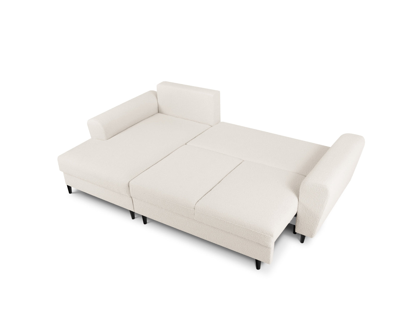 Stylisches Kyoto Boucle Ecksofa links, 4-Sitzer mit Schlafoption und Stauraum, ideal für moderne Wohnräume und Gästeübernachtungen.