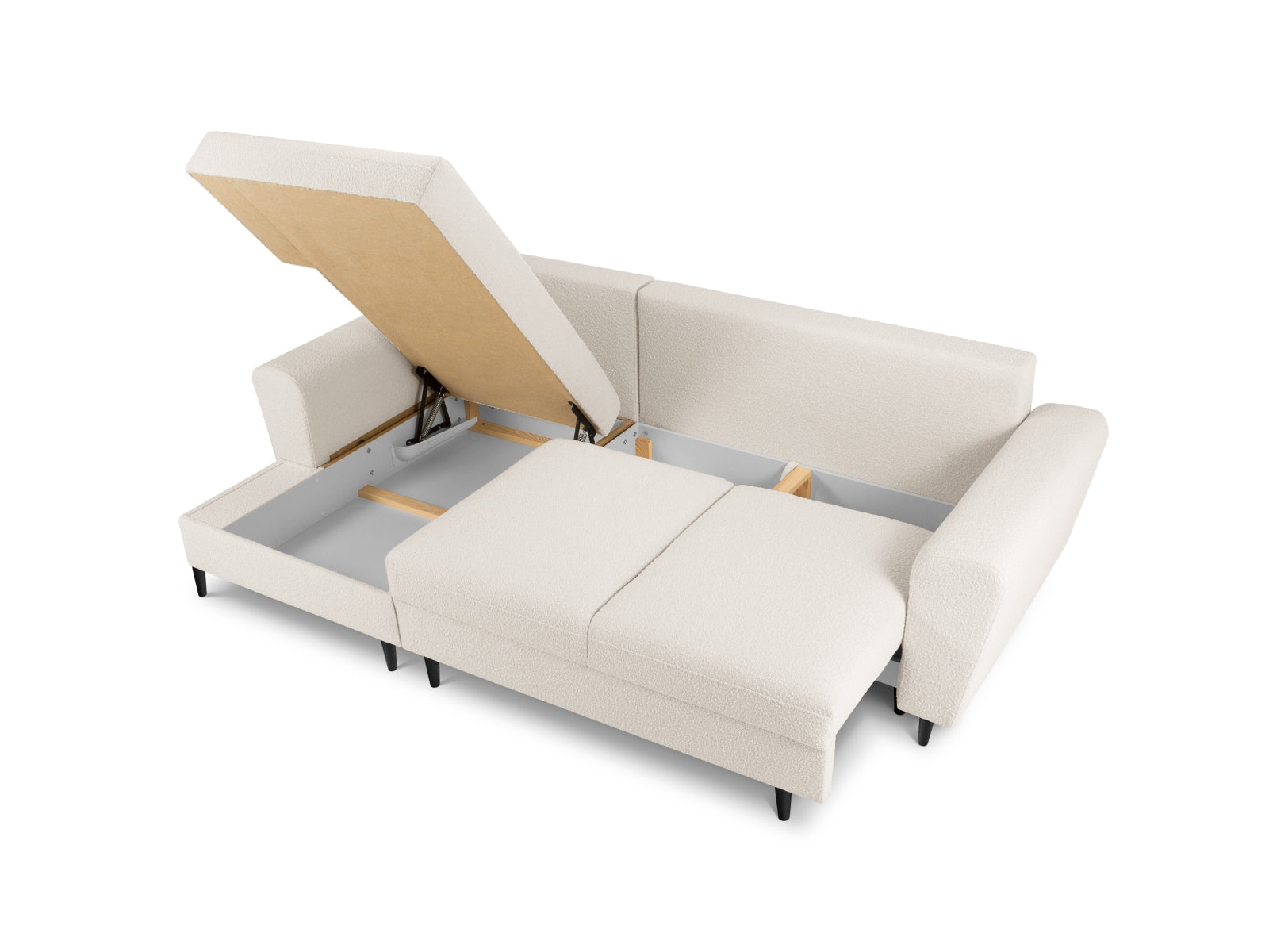 Elegantes Kyoto Boucle Ecksofa links, 4-Sitzer mit praktischer Schlaffunktion und Stauraum, perfekt für stilvolle Wohnkonzepte.