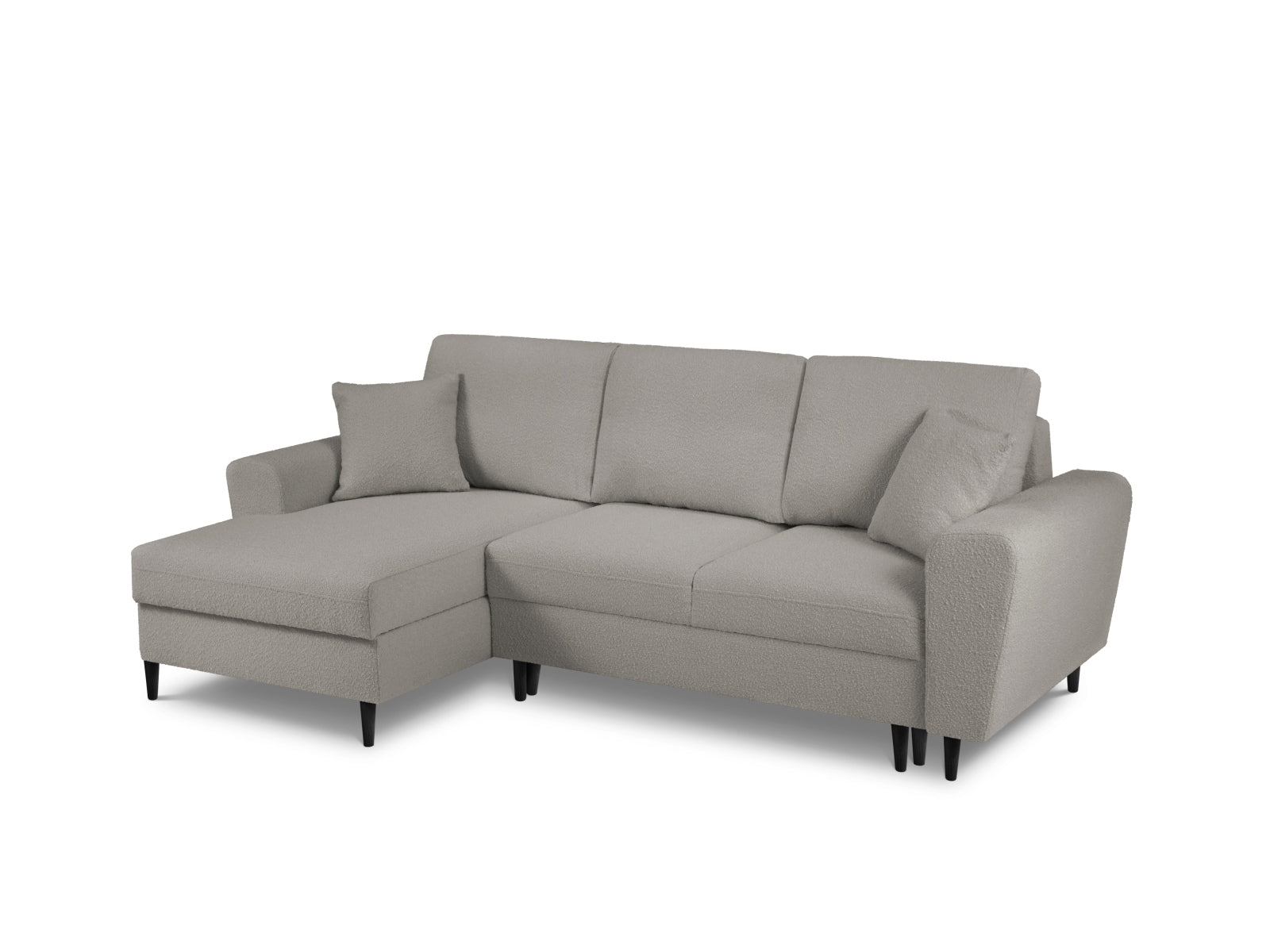 Elegantes Kyoto Boucle Ecksofa links, 4-Sitzer mit praktischer Schlaffunktion und Stauraum, perfekt für stilvolle und funktionale Wohnkonzepte.