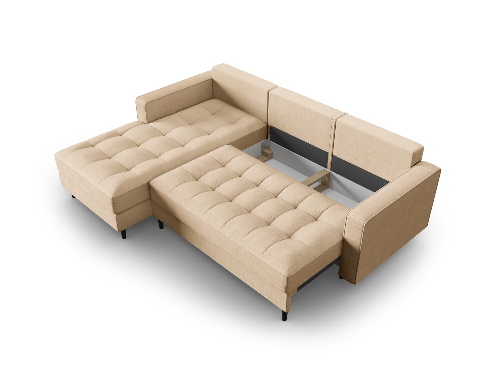 Elegantes 5-Sitzer Ecksofa Aspen links mit Schlaffunktion und integriertem Stauraum, ideal für gemütliche und multifunktionale Wohnbereiche.