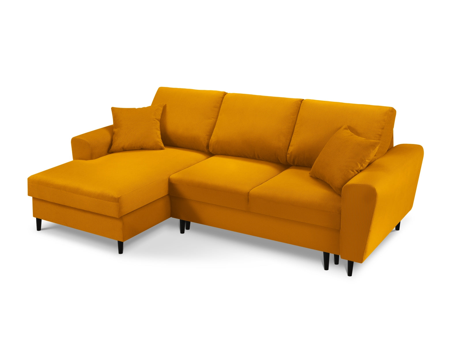 Elegantes Kyoto Ecksofa links in leuchtendem Gelb, ausgestattet mit Schlaffunktion und praktischer Stauraumbox für zusätzlichen Komfort.