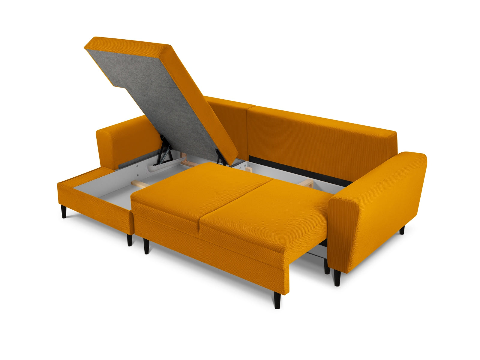 Stylisches Kyoto Ecksofa links in strahlendem Gelb, ideal für entspannte Stunden und als Schlafsofa mit zusätzlichem Stauraum.