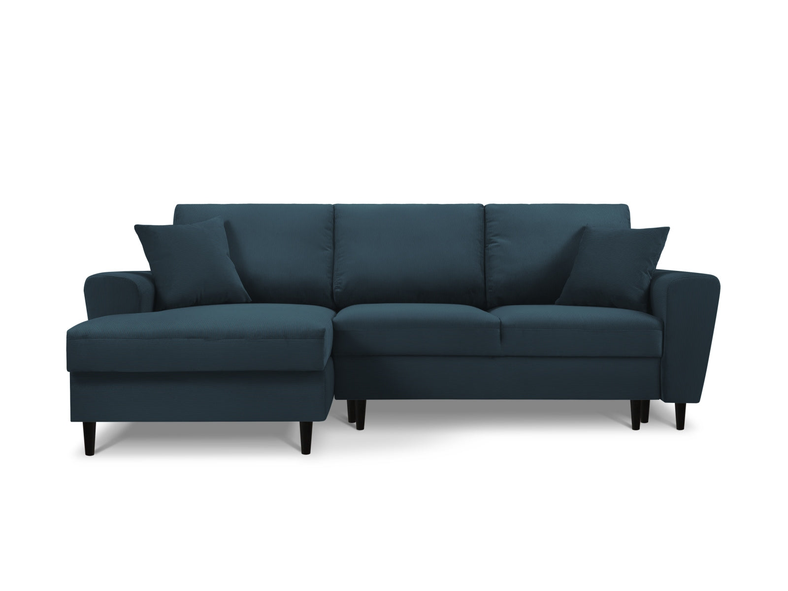 Stylisches Kyoto Ecksofa links in Dunkelblau mit Schlaffunktion und Stauraum, ideal für moderne Wohnräume und Gästeübernachtungen.
