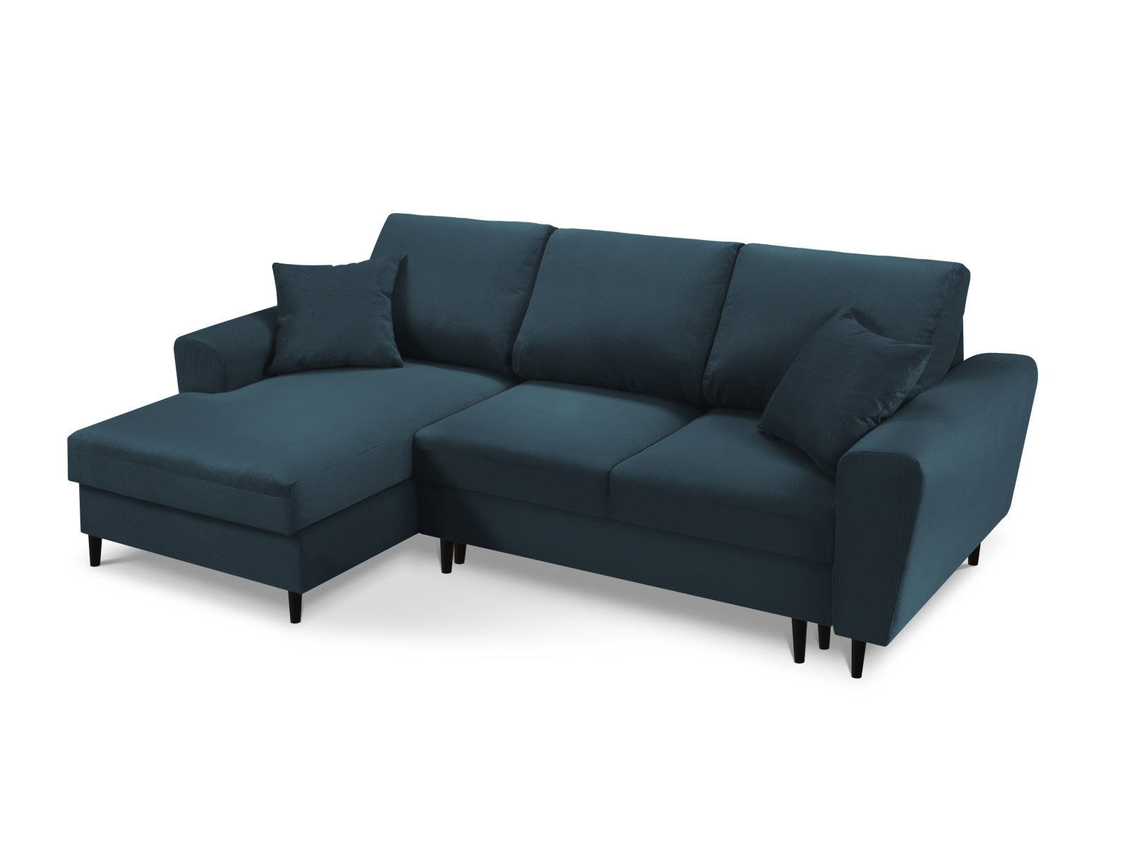 Elegantes Kyoto Ecksofa links in tiefem Blau, ausgestattet mit Schlaffunktion und praktischer Stauraumbox, perfekt für stilvolle Wohnzimmer.