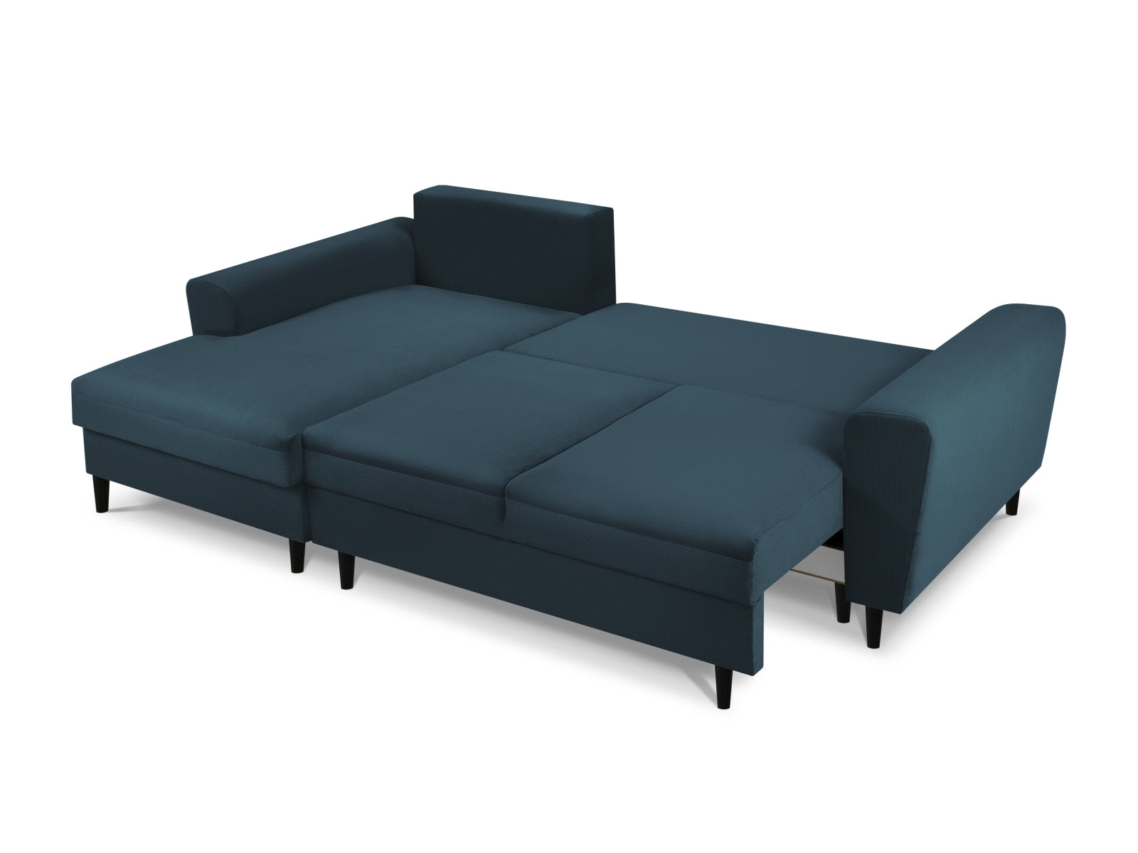 Stylisches Kyoto Ecksofa links in tiefem Blau, 4-Sitzer mit praktischer Schlaffunktion und Stauraum, perfekt für entspannte Abende.