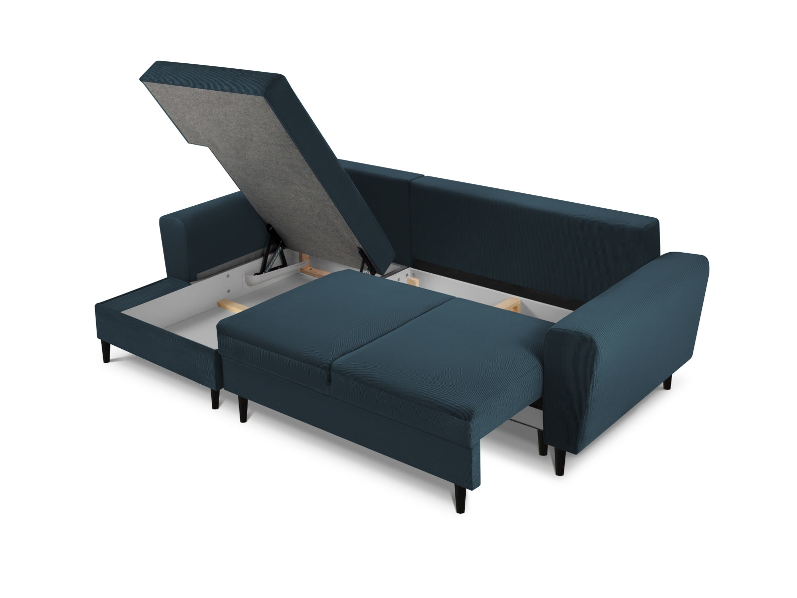 Elegantes Kyoto Ecksofa links in dunklem Blau, 4-Sitzer mit integrierter Schlaffunktion und Stauraum, ideal für gemütliche Stunden.