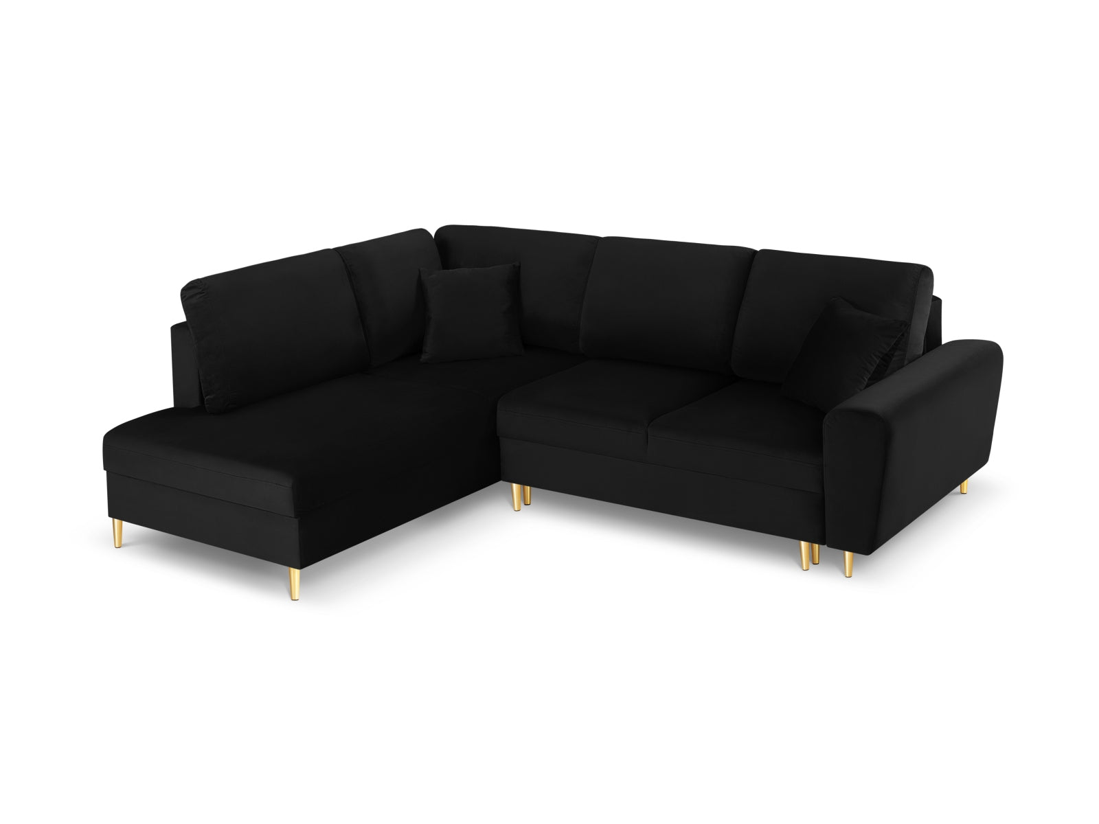 Kyoto Velour Ecksofa links mit Schlaffunktion und Stauraumbox 5 Sitzer 194cm in Black/Gold-Riviera präsentiert im Onlineshop von KAQTU Design AG. Bettsofa links ist von Cosmopolitan Design
