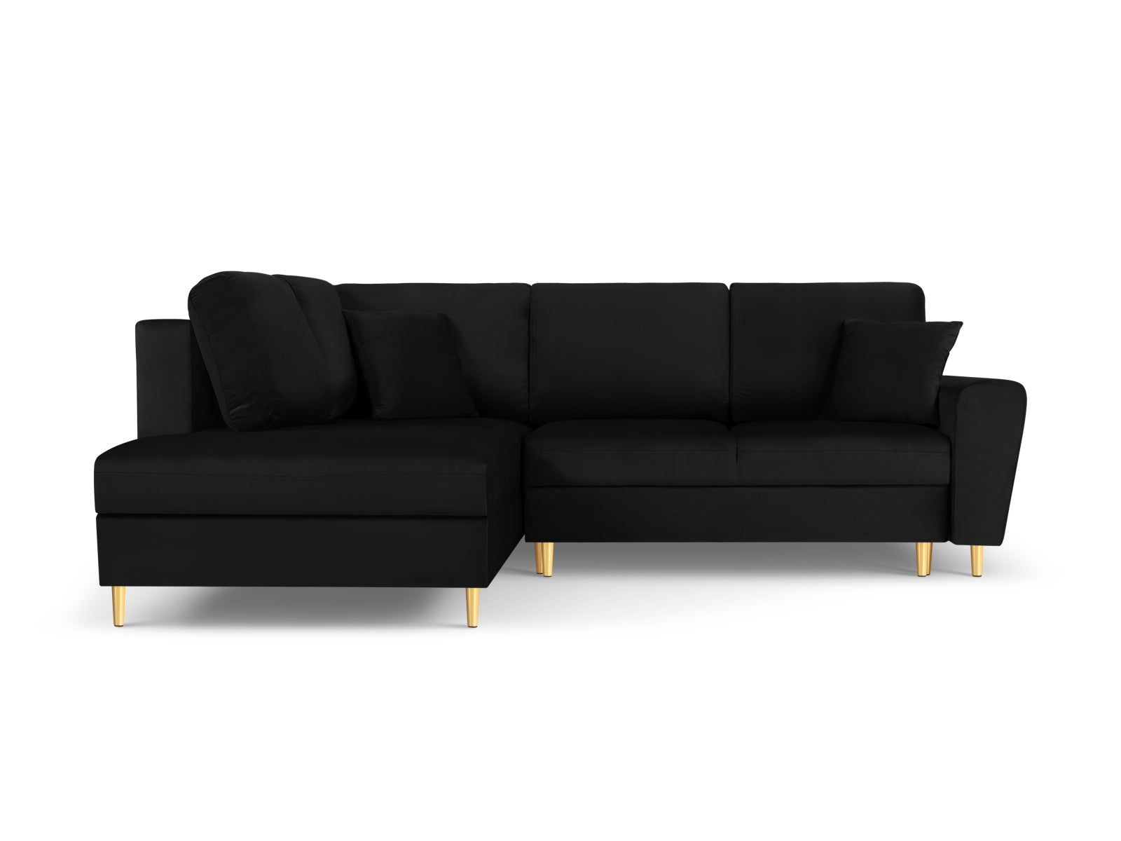 Elegantes Kyoto Velour Ecksofa links in Schwarz mit goldenen Akzenten, 5-Sitzer mit Schlaffunktion und Stauraum, ideal für stilvolle Wohnräume.
