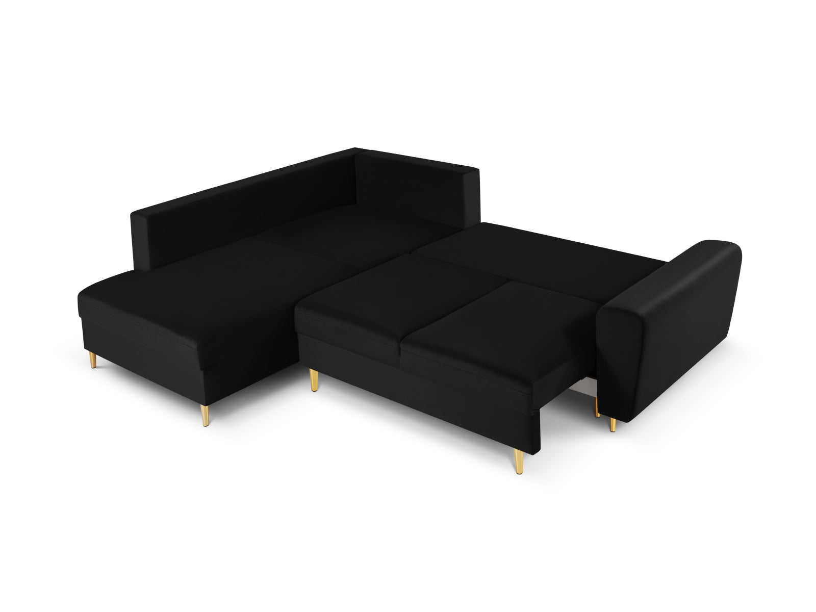 Modernes Kyoto Velour Ecksofa links in edlem Schwarz, 5-Sitzer mit praktischer Schlaffunktion und Stauraum, perfekt für gemütliche Abende.