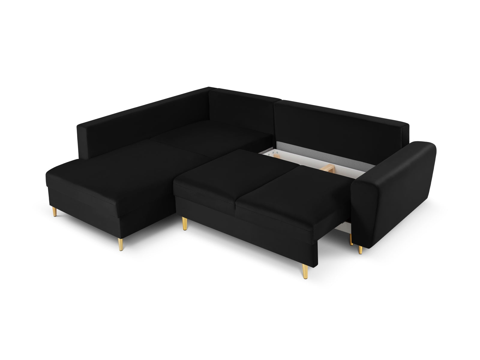 Elegantes Kyoto Velour Ecksofa links in Schwarz, 5-Sitzer mit Schlaffunktion und Stauraum, ideal für stilvolle Wohnräume und entspannte Nächte.