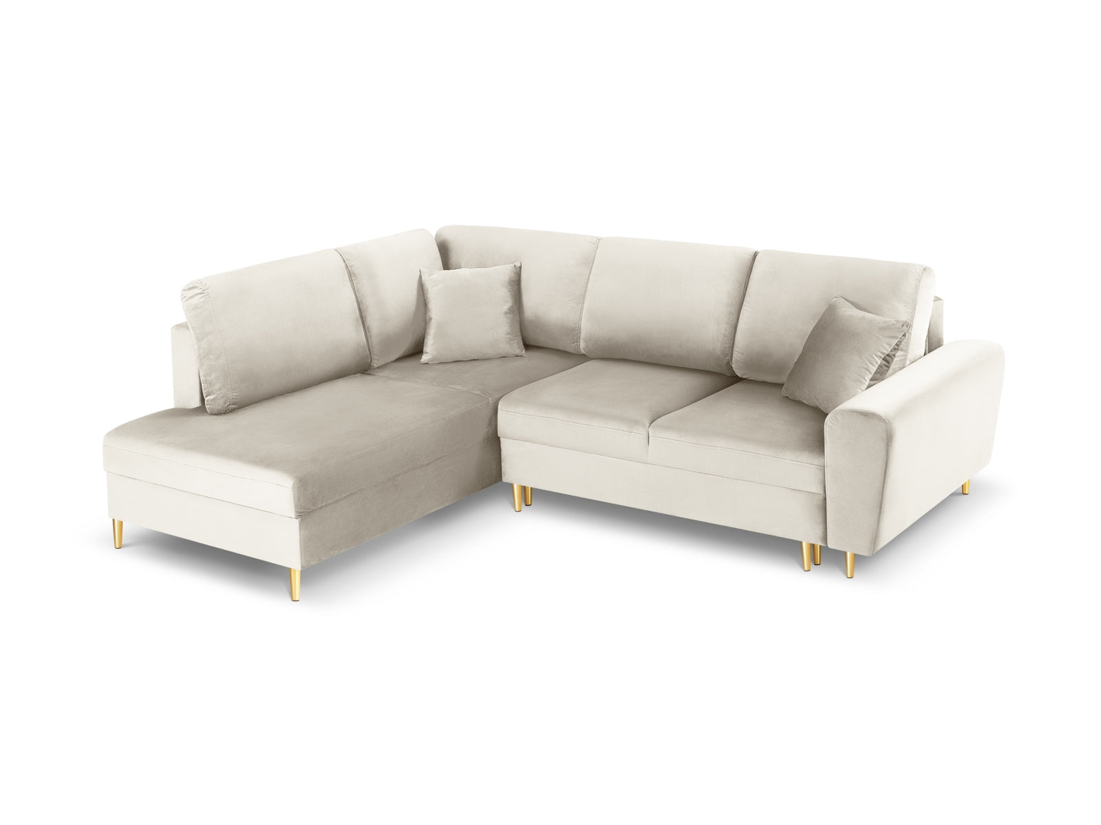 Kyoto Velour Ecksofa links mit Schlaffunktion und Stauraumbox 5 Sitzer 194cm in Light Beige/Gold-Riviera präsentiert im Onlineshop von KAQTU Design AG. Bettsofa links ist von Cosmopolitan Design