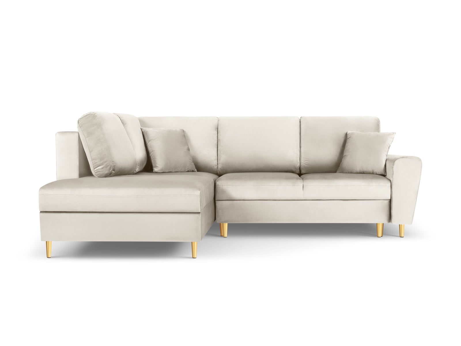 Stylisches Kyoto Velour Ecksofa links in Light Beige/Gold-Riviera, 5-Sitzer mit Schlaffunktion und Stauraum, ideal für moderne Wohnräume.