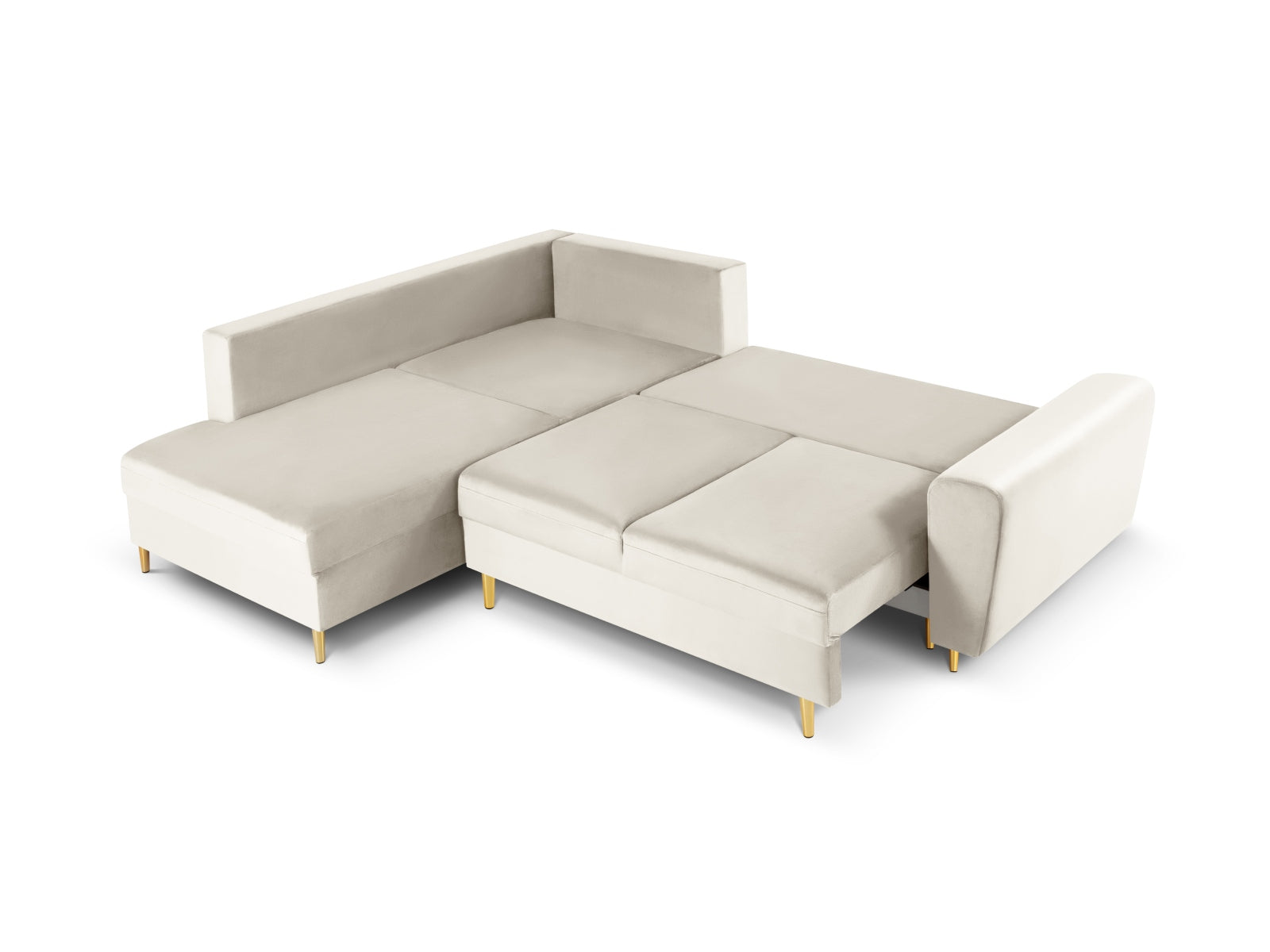 Elegantes Kyoto Velour Ecksofa links in sanften Beige- und Goldtönen, 5-Sitzer mit praktischer Schlaffunktion und Stauraum für stilvolle Wohnkonzepte.