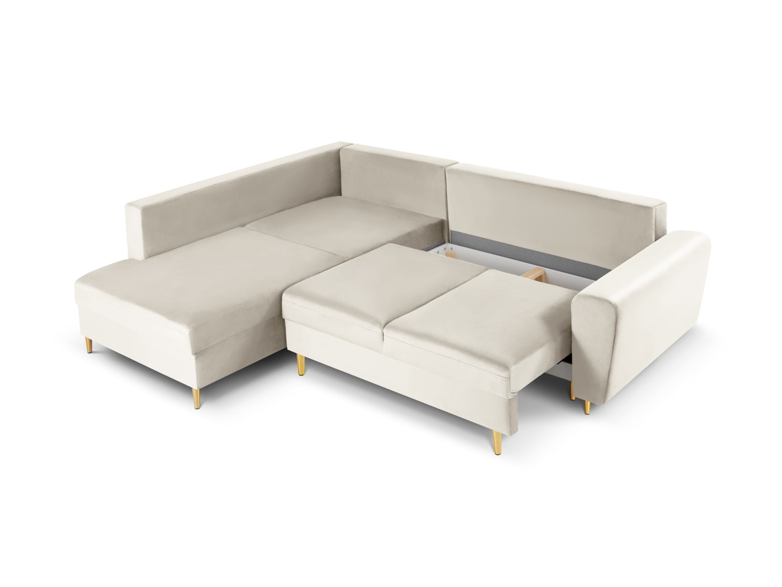 Stylisches Kyoto Velour Ecksofa links in warmen Beige- und Goldnuancen, 5-Sitzer mit Schlaffunktion und integriertem Stauraum für modernes Wohnen.