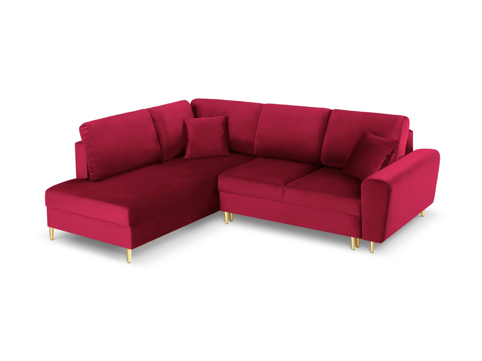 Kyoto Velour Ecksofa links mit Schlaffunktion und Stauraumbox 5 Sitzer 194cm in Red/Gold-Riviera präsentiert im Onlineshop von KAQTU Design AG. Bettsofa links ist von Cosmopolitan Design