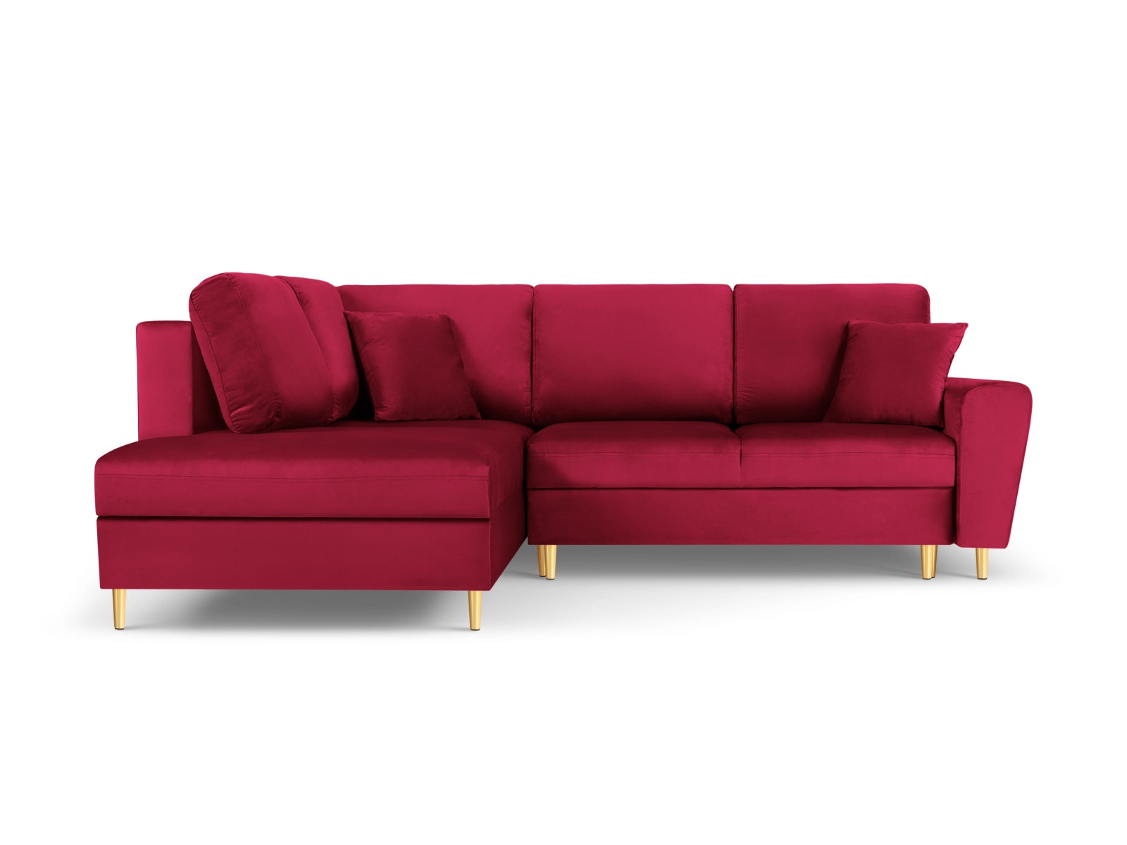 Elegantes Kyoto Velour Ecksofa links in Rot und Gold, 5-Sitzer mit Schlaffunktion und Stauraum, ideal für stilvolle Wohnräume.