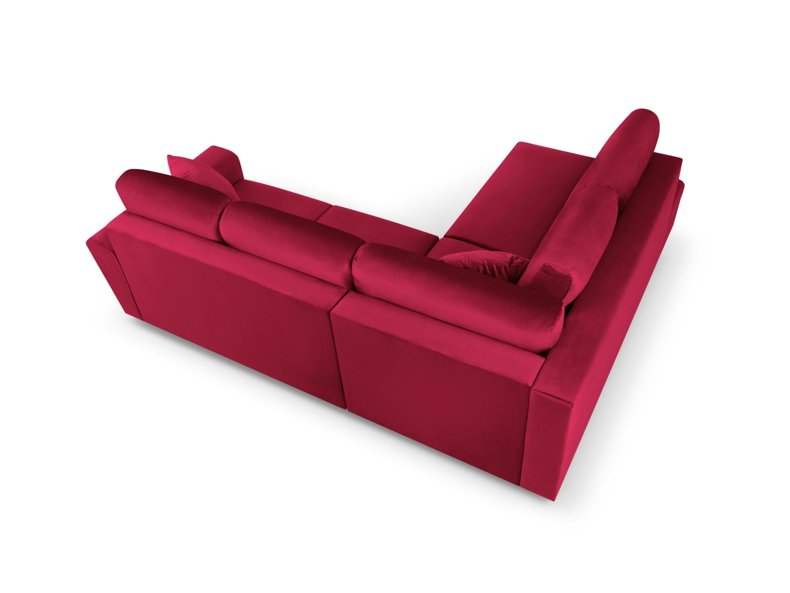 Modernes Kyoto Velour Ecksofa links in kräftigem Rot, 5-Sitzer mit praktischer Schlaffunktion und integriertem Stauraum für zusätzlichen Komfort.