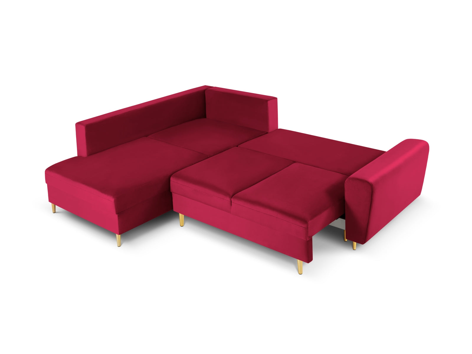 Stylisches rotes Kyoto Velour Ecksofa links, 5-Sitzer mit Schlaffunktion und Stauraum, ideal für gemütliche Wohnräume.