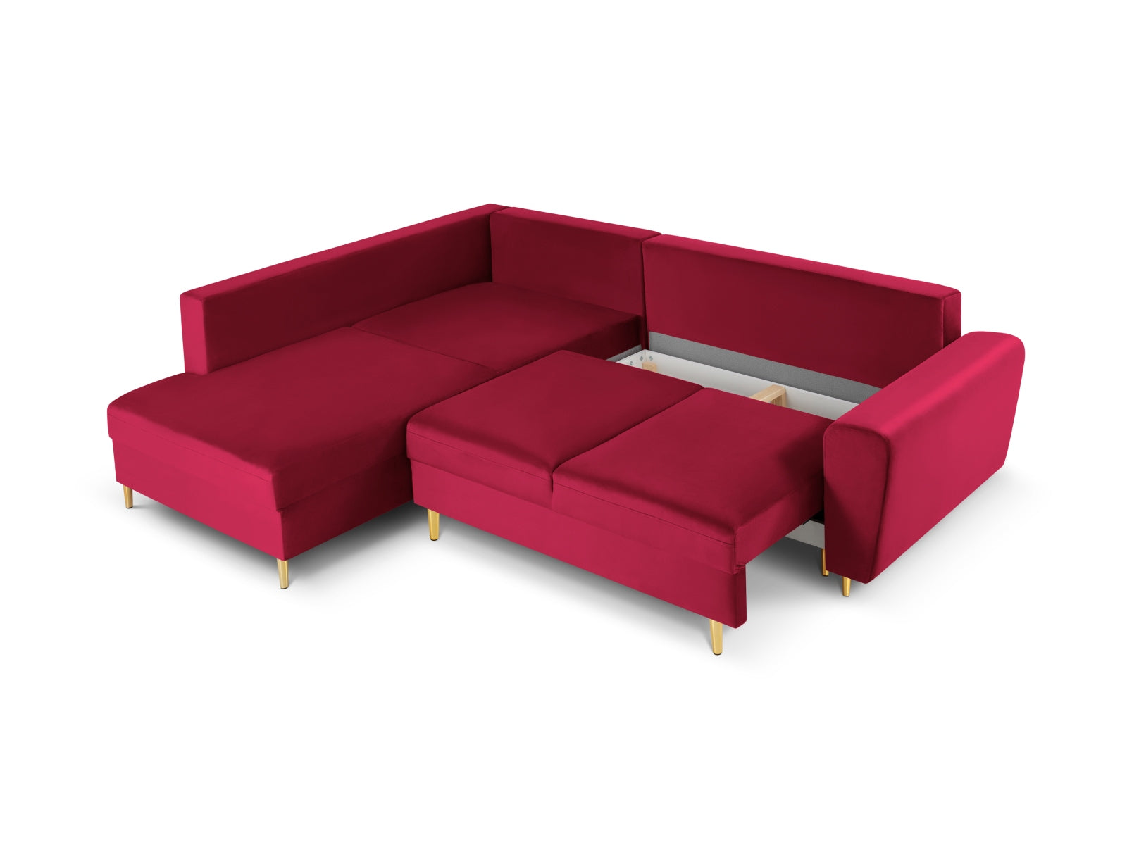 Elegantes rotes Ecksofa Kyoto aus Velours, 5-Sitzer mit praktischer Schlaffunktion und Stauraum, perfekt für stilvolle Wohnzimmer.