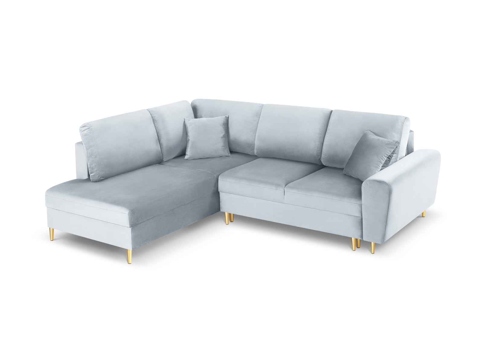 Kyoto Velour Ecksofa links mit Schlaffunktion und Stauraumbox 5 Sitzer 194cm in Light Blue/Gold-Riviera präsentiert im Onlineshop von KAQTU Design AG. Bettsofa links ist von Cosmopolitan Design