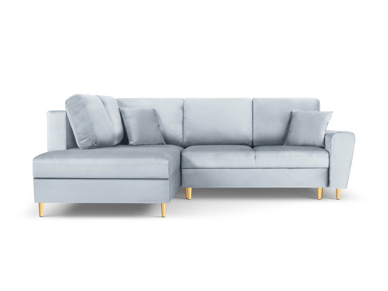 Stylisches Kyoto Velour Ecksofa links in sanftem Light Blue mit Schlaffunktion und Stauraum, ideal für moderne Wohnräume.